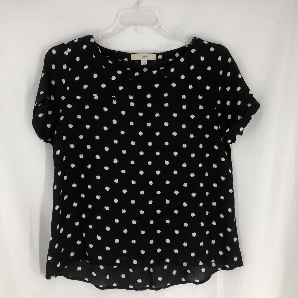 Loft Women Top Medium Petites Black Polka Dot Round Neck Blouse